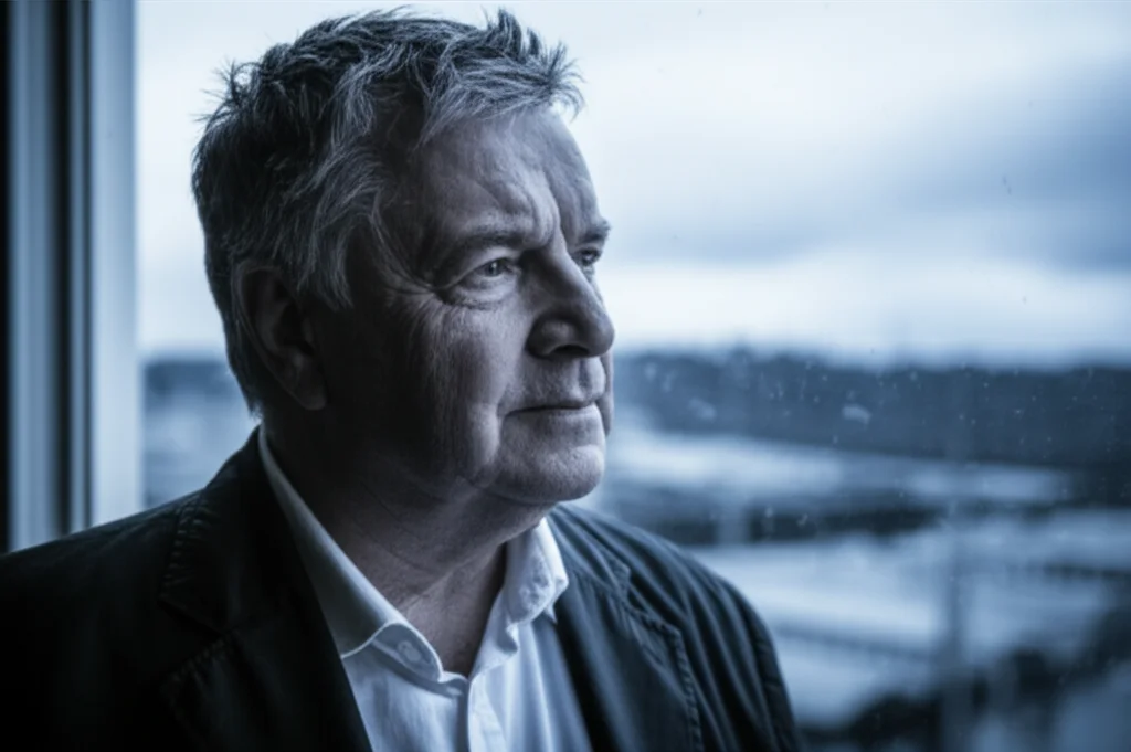 Ritratto fotografico di un uomo australiano di mezza età, pensieroso, guarda fuori da una finestra in una giornata nuvolosa. Obiettivo 35mm, profondità di campo, toni bicromatici grigio e blu scuro, stile cinematografico.