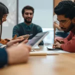 Un gruppo eterogeneo di giovani adolescenti discute attivamente con ricercatori attorno a un tavolo, alcuni indicano tablet e smartphone, ambiente luminoso e collaborativo, prime lens 35mm, depth of field.
