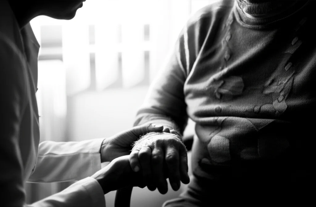 Un medico o un infermiere che tiene delicatamente la mano di un paziente anziano in un ambiente di cure palliative, trasmettendo conforto e supporto. Prime lens, 35mm, black and white film, depth of field, forte impatto emotivo.