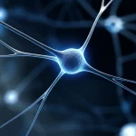 Una visualizzazione artistica e fotorealistica di una rete neurale complessa, con nodi luminosi che rappresentano i sintomi centrali di depressione, ansia e insonnia. I collegamenti tra i nodi sono evidenziati. Lente prime, 24mm, con un effetto duotone blu e grigio scuro per un'atmosfera introspettiva, profondità di campo per focalizzare su un nodo centrale.