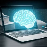 Un'immagine concettuale che mostra la fusione tra tecnologia AI, simboleggiata da un cervello digitale luminoso o un'interfaccia chatbot su uno schermo, e l'apprendimento medico tradizionale, rappresentato da libri di testo antichi, uno stetoscopio e la figura stilizzata di un docente. Prime lens, 35mm, duotone blu ciano e grigio antracite, depth of field per mettere a fuoco l'intersezione tra i due mondi, creando un'atmosfera innovativa ma autorevole.