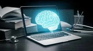 Un'immagine concettuale che mostra la fusione tra tecnologia AI, simboleggiata da un cervello digitale luminoso o un'interfaccia chatbot su uno schermo, e l'apprendimento medico tradizionale, rappresentato da libri di testo antichi, uno stetoscopio e la figura stilizzata di un docente. Prime lens, 35mm, duotone blu ciano e grigio antracite, depth of field per mettere a fuoco l'intersezione tra i due mondi, creando un'atmosfera innovativa ma autorevole.
