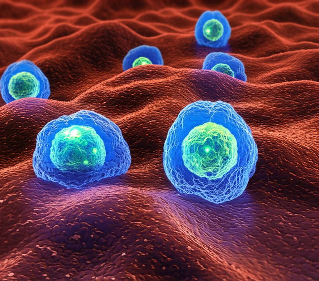 Visualizzazione 3D fotorealistica di cellule di adenocarcinoma polmonare, con cellule staminali tumorali LGR5+ evidenziate da una luminescenza distintiva. Lo sfondo mostra tessuto polmonare stilizzato. Obiettivo macro 60mm, alta definizione, messa a fuoco precisa, illuminazione controllata, per un'immagine scientifica e di impatto.