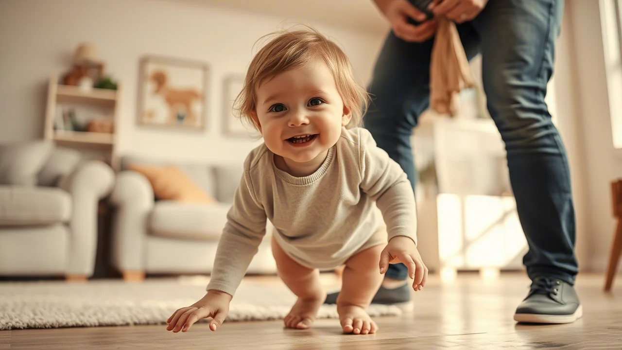 Bambino sorridente che muove i primi passi incerti in un salotto luminoso, tenuto per mano da un adulto appena fuori dall'inquadratura. Portrait photography, prime lens 35mm, depth of field, luce naturale calda, duotone seppia e crema.
