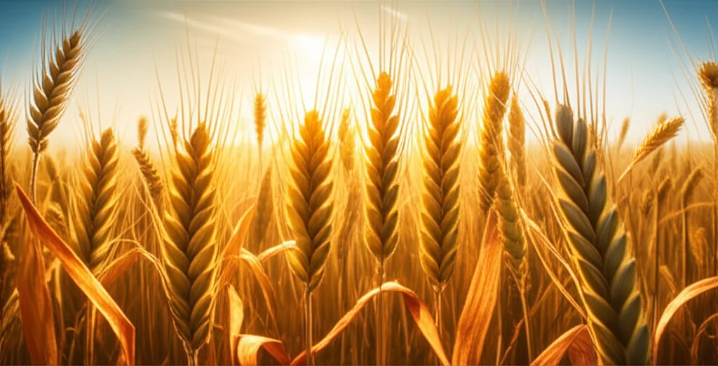 Campo di grano maturo al tramonto, in primo piano spighe sane e alcune affette da macchie scure (Septoria), con una rappresentazione stilizzata di ife fungine benefiche (Clonostachys rosea) che interagiscono con la pianta. Landscape wide angle 20mm, luce calda del tramonto, sharp focus, alta definizione.