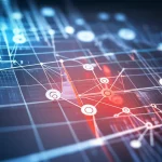 Concetto astratto di intelligenza artificiale che analizza un dataset complesso, evidenziando in rosso le variabili più significative all'interno di gruppi distinti. Prime lens, 35mm, depth of field, illuminazione cinematografica con toni blu e arancio.