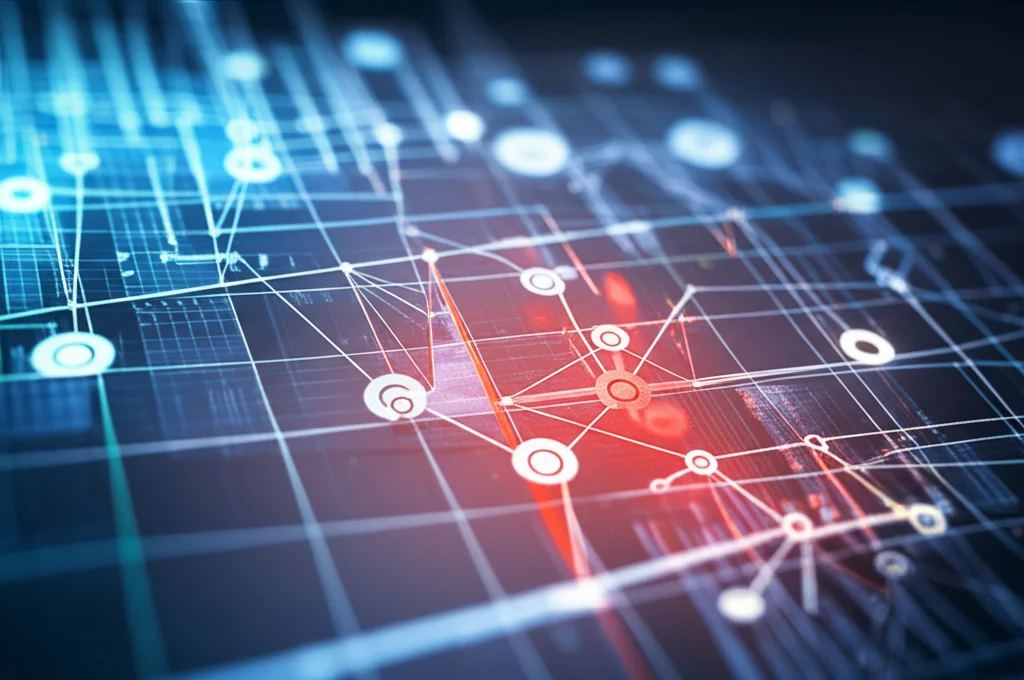 Concetto astratto di intelligenza artificiale che analizza un dataset complesso, evidenziando in rosso le variabili più significative all'interno di gruppi distinti. Prime lens, 35mm, depth of field, illuminazione cinematografica con toni blu e arancio.