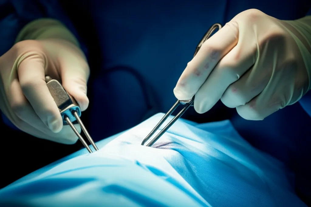 Fotografia di dettaglio, obiettivo macro 60mm, delle mani guantate di un chirurgo che manovrano con estrema precisione strumenti laparoscopici all'interno di una cavità addominale simulata o durante un intervento reale visualizzato su monitor. L'illuminazione è controllata e focalizzata sulle mani e sugli strumenti, mettendo in risalto l'alta tecnologia e l'abilità manuale richiesta dalla tecnica TICA. Sfondo scuro per far risaltare il soggetto.