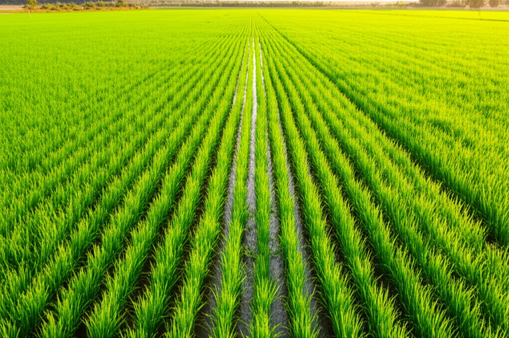 Fotografia di un campo di riso intensamente coltivato in Senegal al tramonto, con file ordinate di piante verdi e canali di irrigazione visibili. Obiettivo grandangolare 18mm, lunga esposizione per acqua liscia nei canali, colori caldi del tramonto.