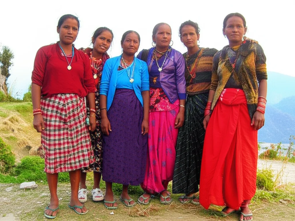 Il paesaggio grandangolare della regione montuosa di Sikkim, in India, con un gruppo di donne diverse, tra cui i lavoratori di Asha in abbigliamento tradizionale, si sono radunati per una sessione di sensibilizzazione sulla salute sotto un cielo luminoso ma leggermente ancoranto. Luce mattutina, focus acuta, trasmezza della comunità, speranza e ambiente impegnativo ma bello. Obiettivo da 10-24 mm.