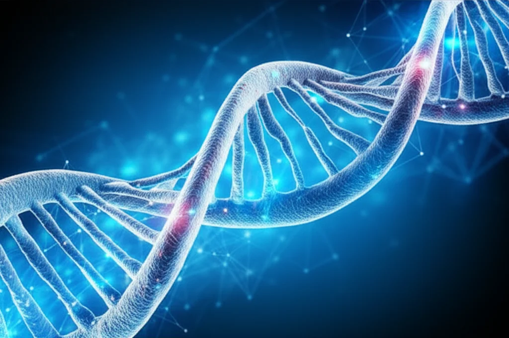 Illustrazione fotorealistica di un filamento di RNA a doppia elica che si intreccia con circuiti digitali luminosi simili a una rete neurale, prime lens, 50mm, depth of field, sfondo blu scuro tecnologico astratto.