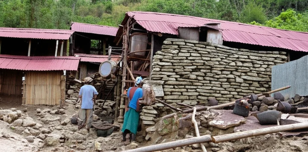 Operazione di mining d'oro artigianale nelle Ande ecuadoriane, lente grandangolare 15 mm, che mostra attrezzature di lavorazione rudimentale sotto un tetto in metallo ondulato con lavoratori nelle vicinanze, catturando il paesaggio robusto e il contesto ambientale, focus acuto, illuminazione pomeridiana naturale.