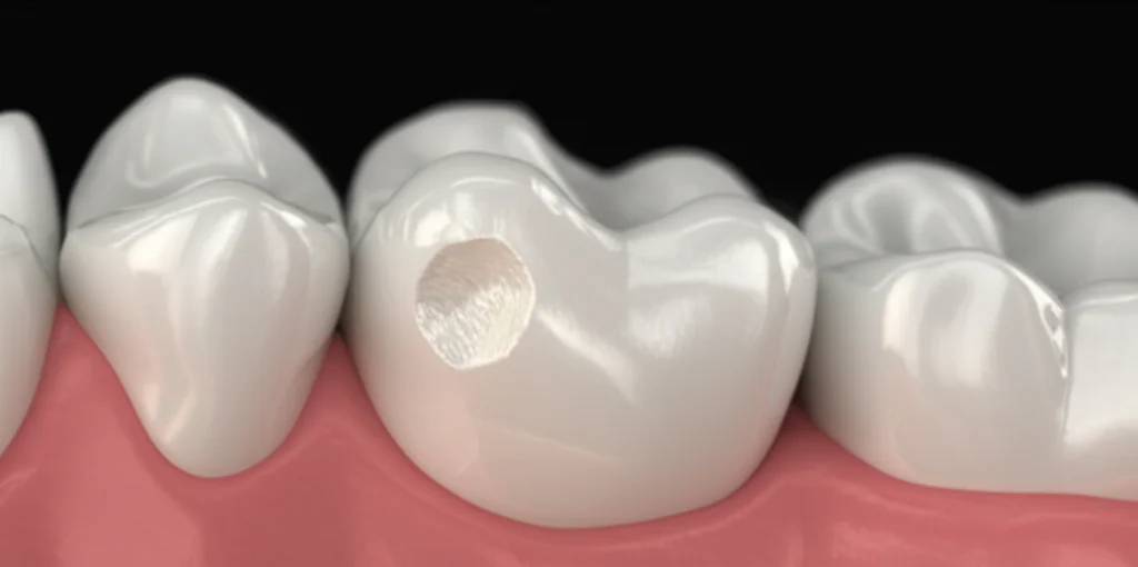 prime lens, 50mm, immagine simbolica di un dente molare stilizzato metà sano e brillante, metà opaco e fragile (rappresentazione MIH) con un restauro parziale visibile, sfondo neutro sfocato, illuminazione drammatica