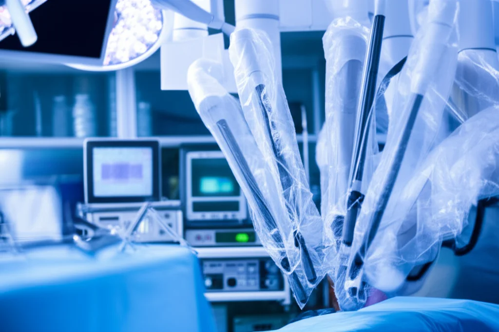 Primo piano di bracci robotici chirurgici di precisione in una sala operatoria high-tech, illuminazione focalizzata, obiettivo macro da 100mm per dettagli nitidi, atmosfera sterile e professionale, colori freddi dominanti con accenti caldi dalle luci chirurgiche.