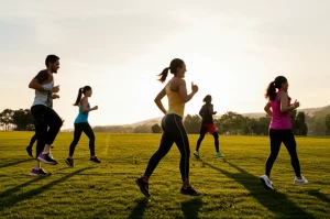 Scatto dinamico di un gruppo diversificato di persone (asiatici cinesi e malesi) che partecipano con entusiasmo a un'attività sportiva all'aperto, come una corsa comunitaria o una sessione di yoga in un parco panoramico al tramonto, fotografia sportiva, obiettivo zoom 70-200mm, velocità dell'otturatore rapida, catturando movimento ed emozione, colori caldi del tramonto.