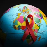 Un globo terrestre stilizzato ma realistico, con un nastro rosso della consapevolezza HIV/AIDS elegantemente avvolto attorno ad esso. Luce soffusa che illumina il globo da un lato, creando un senso di speranza e urgenza. Macro lens, 100mm, high detail, precise focusing, controlled lighting.
