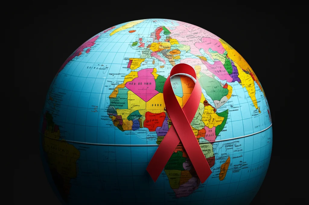 Un globo terrestre stilizzato ma realistico, con un nastro rosso della consapevolezza HIV/AIDS elegantemente avvolto attorno ad esso. Luce soffusa che illumina il globo da un lato, creando un senso di speranza e urgenza. Macro lens, 100mm, high detail, precise focusing, controlled lighting.