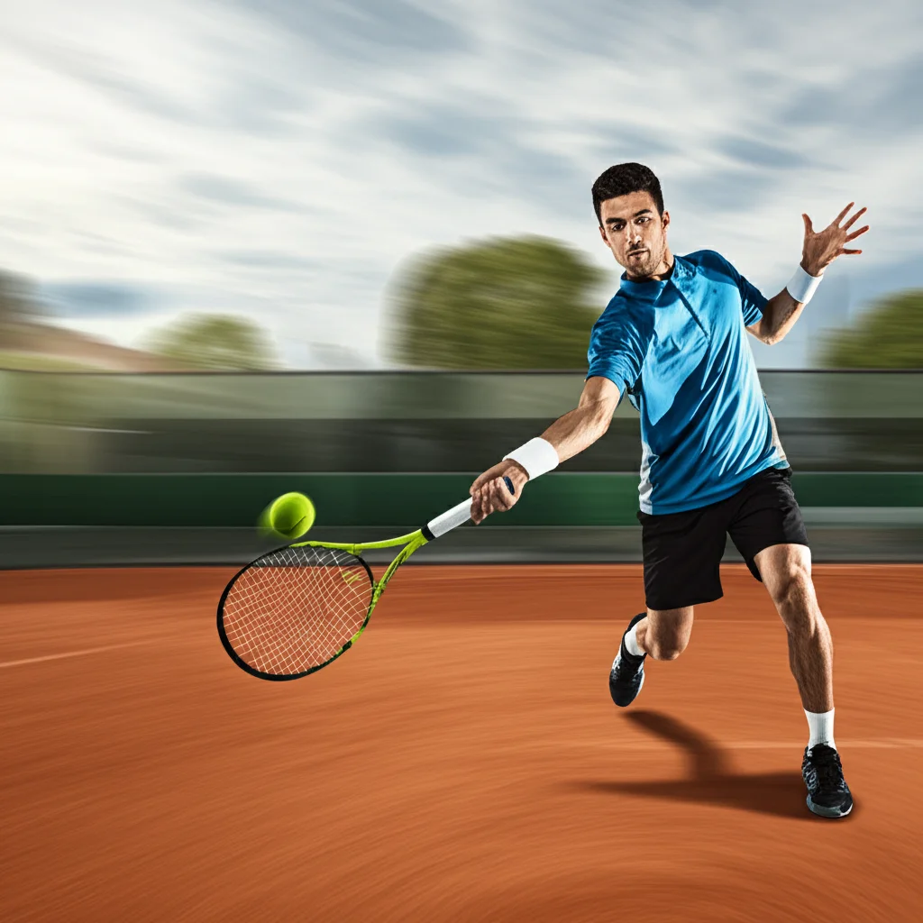Un tennista professionista in azione, colpo di dritto potente, con un focus sulla racchetta al momento dell'impatto con la palla gialla fluorescente. Effetto motion blur sullo sfondo del campo da tennis in terra battuta, alta velocità di scatto per congelare l'azione, obiettivo teleobiettivo 200mm, luce naturale intensa del pomeriggio.