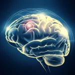 Un'immagine concettuale di un cervello anziano stilizzato con impulsi luminosi che evidenziano il giro frontale inferiore sinistro, simboleggiando l'effetto della tDCS. Prime lens, 24mm, depth of field, duotone oro e blu scuro per un effetto elegante e scientifico.