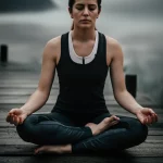 Un'immagine evocativa che rappresenta la connessione tra salute metabolica e mentale. Potrebbe essere una persona che medita con calma, con simboli stilizzati del cuore, del cervello e del metabolismo (es. una molecola di glucosio) che fluttuano armoniosamente intorno a lei. Prime lens, 35mm, depth of field, duotone seppia e blu per un effetto riflessivo ma speranzoso.