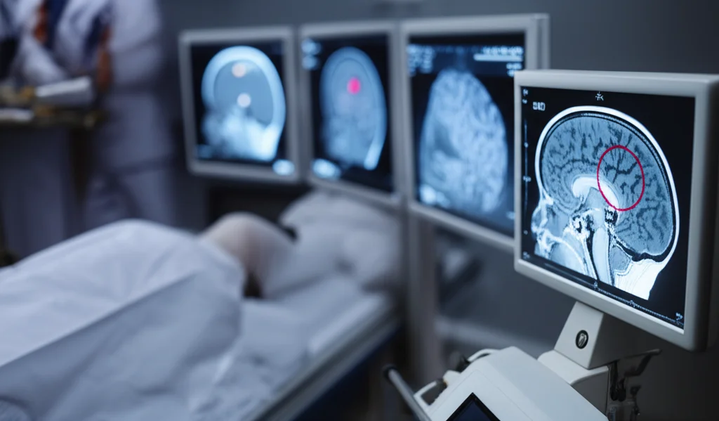 Visualizzazione fotorealistica di un cervello umano con un'area evidenziata che mostra un'emorragia intracerebrale in corso. Intorno, strumenti medici e schermi di TAC. Obiettivo macro 60mm, alta definizione, illuminazione controllata per enfatizzare i dettagli dell'ematoma e la tecnologia medica circostante.
