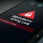 A close-up macro shot of a mobile phone screen displaying a security alert about a phishing link, high detail, precise focusing.