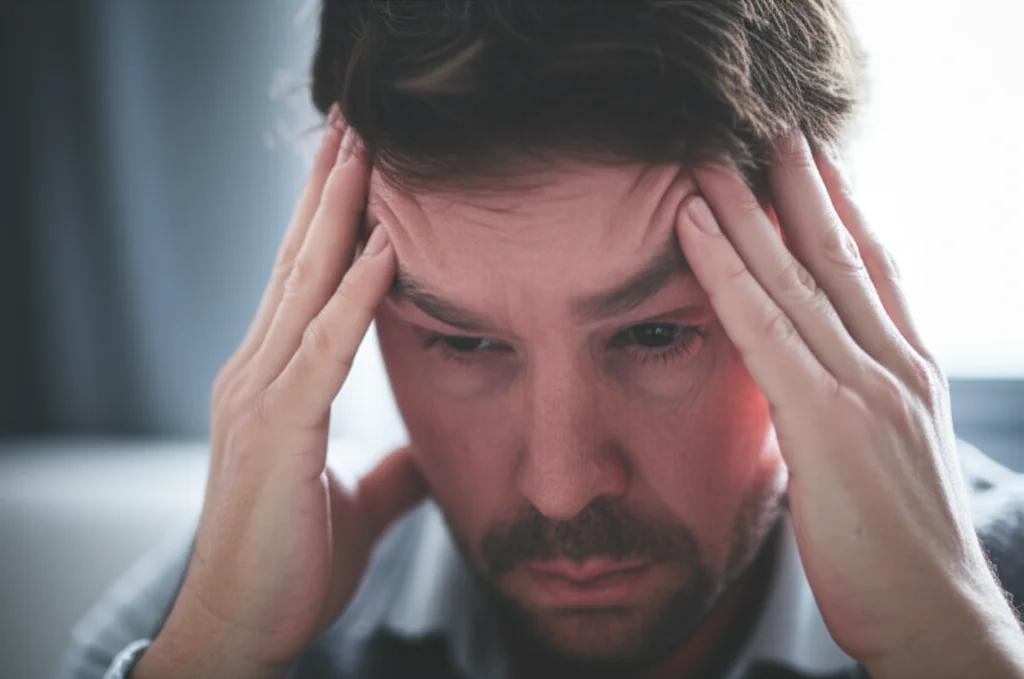 A person, mid-migraine attack, holding their head, 35mm portrait, depth of field, showing the physical and emotional toll.