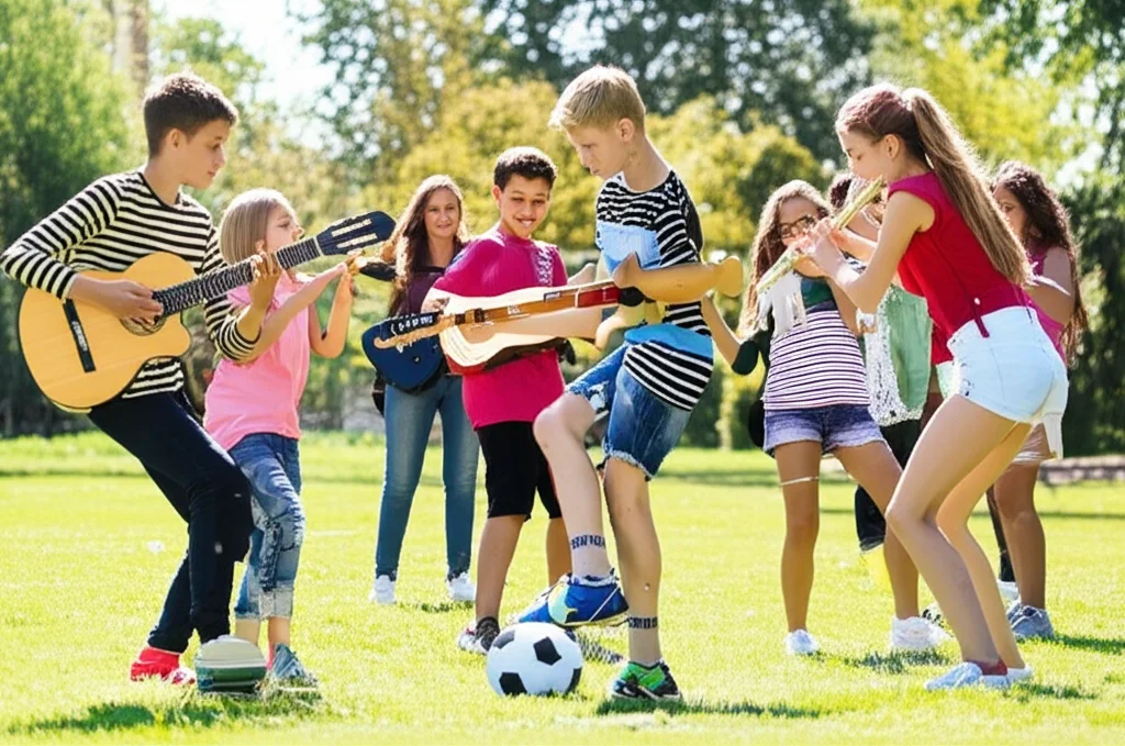 Gruppo eterogeneo di adolescenti (9-14 anni) che partecipano a diverse attività sportive ed extrascolastiche (calcio, musica, danza) in un parco soleggiato. Fotografia di gruppo, obiettivo zoom 35mm, colori vivaci, profondità di campo media per mostrare sia i ragazzi che lo sfondo.