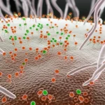 Illustrazione concettuale fotorealistica di neoantigeni (piccole molecole colorate e brillanti) presentati sulla superficie di cellule tumorali (grigie, con morfologia irregolare) a cellule immunitarie T (bianche e dinamiche), con un effetto di profondità di campo e illuminazione drammatica che evidenzia l'interazione cruciale. Obiettivo 50mm, stile cinematografico, high detail.