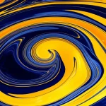 Immagine artistica ma fotorealistica di due liquidi colorati e immiscibili (uno blu profondo, l'altro giallo oro) che vorticano elegantemente su una superficie 2D trasparente e leggermente deformata, come un foglio flessibile. Vista dall'alto con un obiettivo 35mm. La profondità di campo è ridotta, mettendo a fuoco i vortici centrali e sfocando leggermente i bordi della superficie. L'illuminazione è drammatica, laterale, creando forti contrasti e riflessi brillanti sui liquidi.