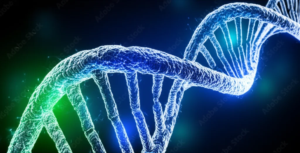 Immagine concettuale astratta che rappresenta l'editing genetico CRISPR su un filamento di DNA stilizzato, con effetti luminosi high-tech blu e verdi, sfondo scuro, alta definizione.