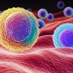 Immagine concettuale di linfociti T che attaccano cellule cancerose infettate dal virus EBV. Visualizzazione microscopica stilizzata, colori vivaci per distinguere le cellule sane da quelle malate, prime lens 50mm, effetto profondità di campo.