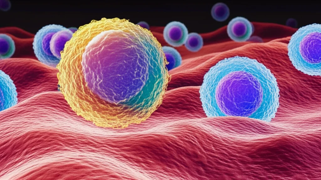 Immagine concettuale di linfociti T che attaccano cellule cancerose infettate dal virus EBV. Visualizzazione microscopica stilizzata, colori vivaci per distinguere le cellule sane da quelle malate, prime lens 50mm, effetto profondità di campo.