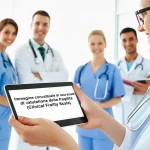 Immagine concettuale di una scala di valutazione della fragilità (Clinical Frailty Scale) visualizzata su un tablet tenuto da mani curate, sovrapposta a una foto di sfondo leggermente sfocata di un team medico multidisciplinare (medici, infermieri) che collabora sorridente in un ambiente ospedaliero luminoso. L'immagine dovrebbe trasmettere precisione, cura e lavoro di squadra. Obiettivo macro, 60mm, alta definizione, illuminazione controllata per evidenziare la scala sul tablet e il team sullo sfondo.