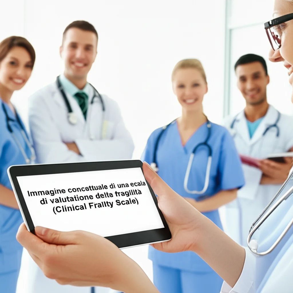 Immagine concettuale di una scala di valutazione della fragilità (Clinical Frailty Scale) visualizzata su un tablet tenuto da mani curate, sovrapposta a una foto di sfondo leggermente sfocata di un team medico multidisciplinare (medici, infermieri) che collabora sorridente in un ambiente ospedaliero luminoso. L'immagine dovrebbe trasmettere precisione, cura e lavoro di squadra. Obiettivo macro, 60mm, alta definizione, illuminazione controllata per evidenziare la scala sul tablet e il team sullo sfondo.