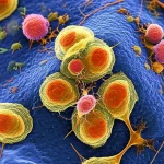 Macro lens, 60mm, High detail, precise focusing, controlled lighting of a complex cellular microenvironment showing different immune and stromal cell types interacting around a cluster of tumor cells.