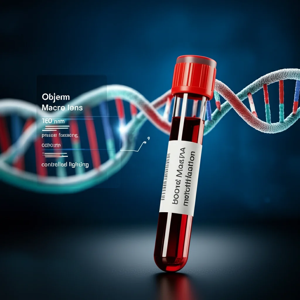Objects, 100mm Macro lens, high detail, precise focusing, controlled lighting, a vial of blood plasma next to a diagram illustrating DNA methylation.