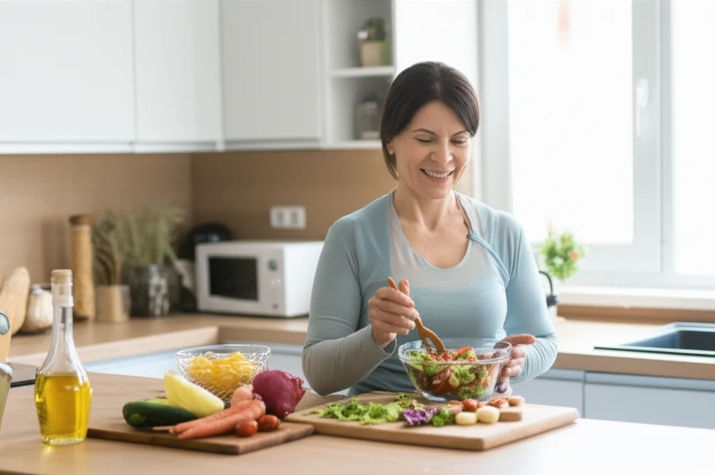 Ritratto ambientato di una persona diabetica di mezza età sorridente mentre prepara un'insalata colorata e salutare nella sua cucina luminosa. Prime lens, 35mm, depth of field per sfocare leggermente lo sfondo, luce naturale morbida proveniente da una finestra laterale, atmosfera positiva e di benessere.