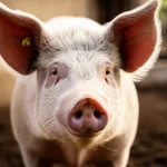 Ritratto di un maiale domestico che guarda attentamente un essere umano fuori campo, l'espressione è curiosa e intelligente. Luce naturale morbida che illumina il muso del maiale, ambientazione in una fattoria pulita o in un centro di ricerca. Obiettivo da ritratto 50mm, profondità di campo ridotta per far risaltare il maiale dallo sfondo leggermente sfocato, stile fotografia naturalistica, colori caldi.