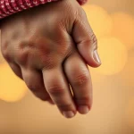 Ritratto toccante di una mano adulta che tiene delicatamente la manina di un bambino piccolo, simbolo di supporto e cura nell'affido. Obiettivo macro 85mm, messa a fuoco precisa sulle mani, sfondo leggermente sfocato (bokeh), illuminazione morbida e calda, alto dettaglio.