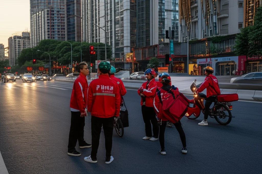 Un gruppo di rider in divisa attende ordini fuori da un ristorante affollato in una strada di una grande città cinese. Fotografia di strada, obiettivo 35mm, luce serale, profondità di campo che mostra sia i rider in primo piano che l'ambiente urbano sullo sfondo, realismo documentaristico.