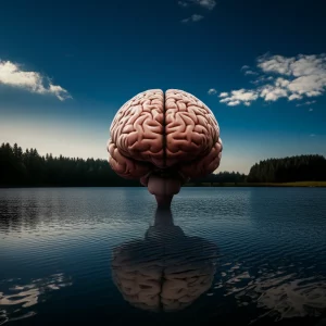 Una composizione artistica che simboleggia la pace interiore: un cervello stilizzato con all'interno un paesaggio sereno e calmo, come un lago placido all'alba. Wide-angle, 10mm, long exposure per l'acqua liscia, colori pastello.