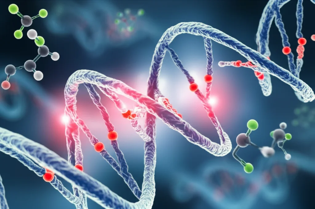 Visualizzazione 3D fotorealistica di un filamento di DNA con specifici siti CpG evidenziati in rosso brillante, che simboleggiano la metilazione, con uno sfondo sfocato che suggerisce cellule umane e molecole di glucosio fluttuanti. Illuminazione da studio drammatica, obiettivo macro 105mm, alta definizione, profondità di campo per mettere a fuoco il DNA in primo piano.