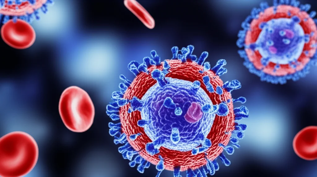 Visualizzazione artistica e fotorealistica di cellule CAR-T (linfociti T modificati geneticamente, con recettori stilizzati in rosso brillante) che si legano a cellule tumorali bersaglio (in blu scuro, di forma irregolare), con un accenno a cellule del sangue sane circostanti (globuli rossi e piastrine più piccole). L'immagine dovrebbe trasmettere sia la precisione della terapia sia la complessità del sistema ematologico. Utilizzare un obiettivo macro 90mm per dettagli estremi sulle interazioni cellulari, illuminazione da studio per un effetto drammatico ma chiaro, con un leggero effetto bokeh sullo sfondo per concentrare l'attenzione sull'interazione principale.