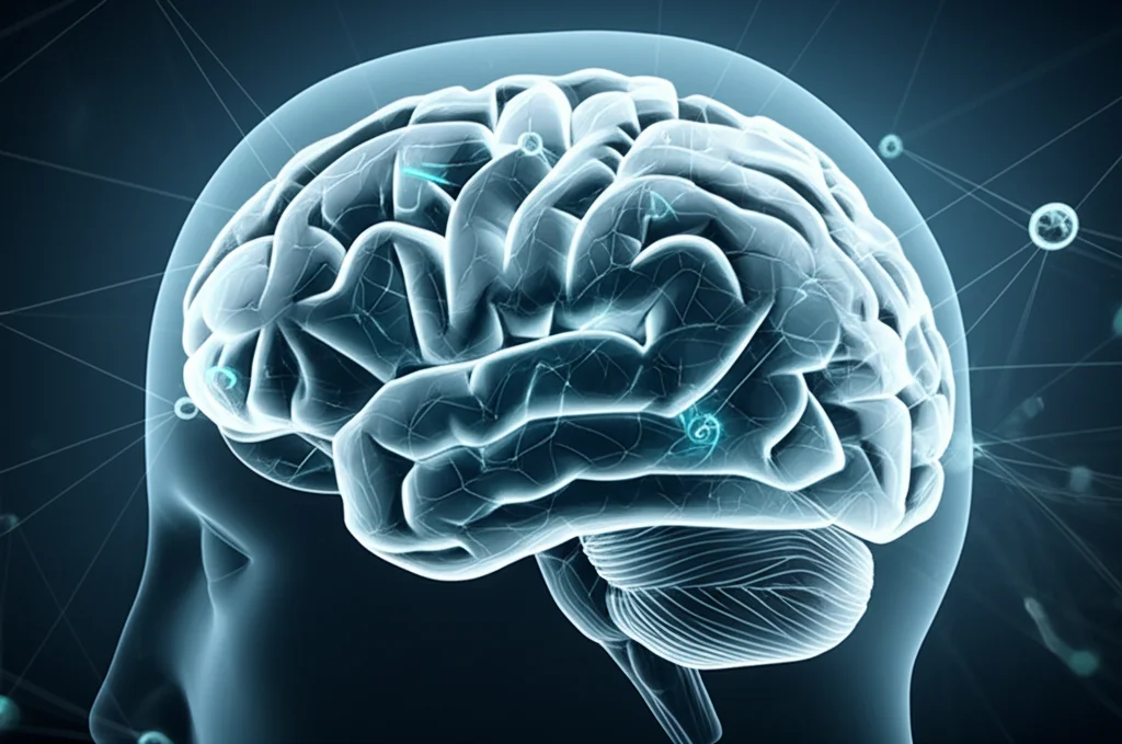 Visualizzazione artistica e fotorealistica di una rete causale complessa che collega diversi fattori di rischio al cervello, simboleggiando l'indagine sulla demenza. Obiettivo grandangolare 24mm, profondità di campo, illuminazione drammatica con toni blu e grigi per un'atmosfera scientifica e investigativa.