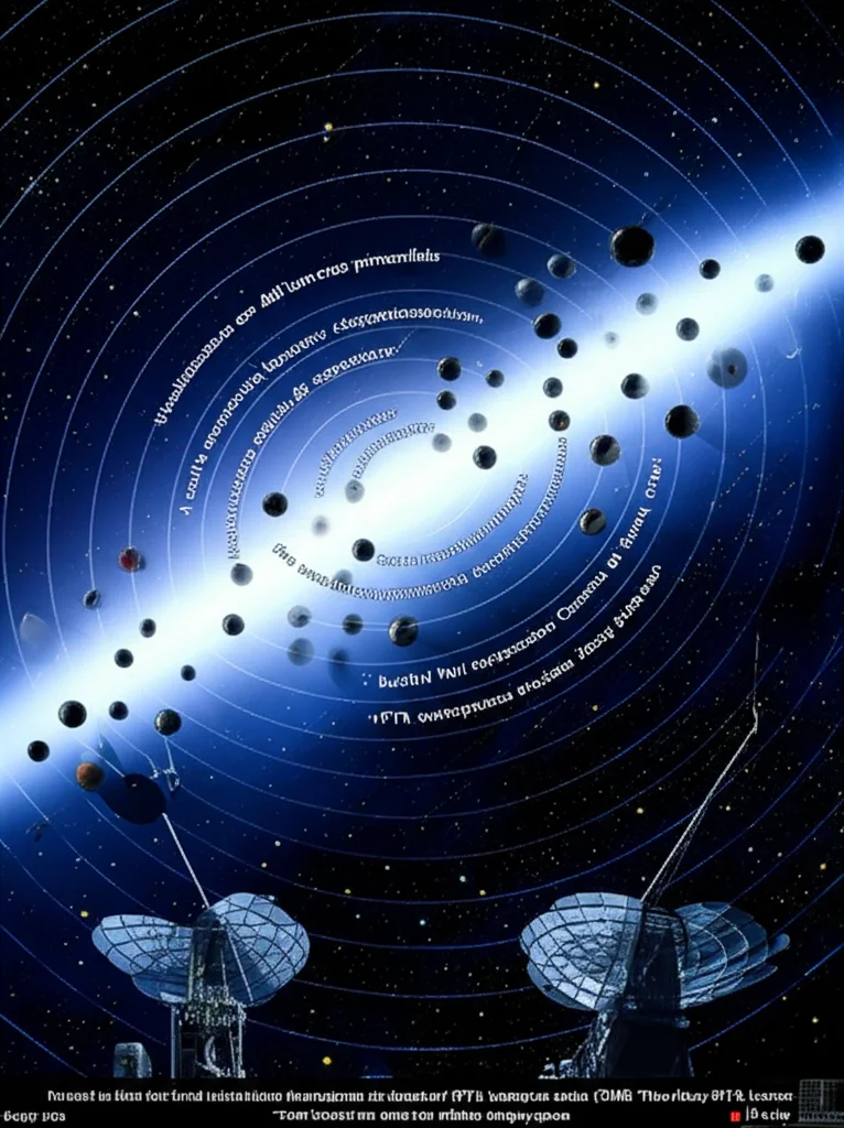 Visualizzazione concettuale dell'universo primordiale. Al centro, una rappresentazione stilizzata di un 'bounce' cosmico (contrazione seguita da espansione). Da questo evento emanano onde gravitazionali (increspature concentriche) che si propagano nello spaziotempo. Sparse nell'immagine, piccole sfere nere rappresentano i Buchi Neri Primordiali (PBH). Sullo sfondo, una debole mappa simile alla Radiazione Cosmica di Fondo (CMB). In primo piano, antenne stilizzate simili a quelle dei Pulsar Timing Array (PTA) sembrano 'ascoltare' le onde. Astro photography, wide-angle 10mm, long exposure times, sharp focus, colori cosmici vibranti ma scuri, effetto 'deep space'.