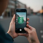 A person's hands holding a smartphone displaying a medicine safety app icon against a blurred background of a South African street scene, macro lens, 60mm, precise focusing