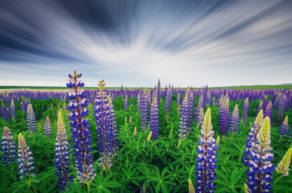 Campo coltivato di Lupinus hispanicus in piena fioritura sotto un cielo azzurro parzialmente nuvoloso, landscape wide angle 10mm, long exposure times per nuvole leggermente mosse, sharp focus sulle piante in primo piano, colori vividi dei fiori blu-viola.