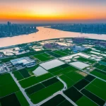 Fotografia panoramica del Delta del Fiume Yangtze al tramonto, con corsi d'acqua serpeggianti, skyline moderni in lontananza, campi agricoli verdi e infrastrutture energetiche integrate armoniosamente nel paesaggio. Obiettivo grandangolare 18mm, lunga esposizione per acqua liscia, messa a fuoco nitida, colori caldi del tramonto.