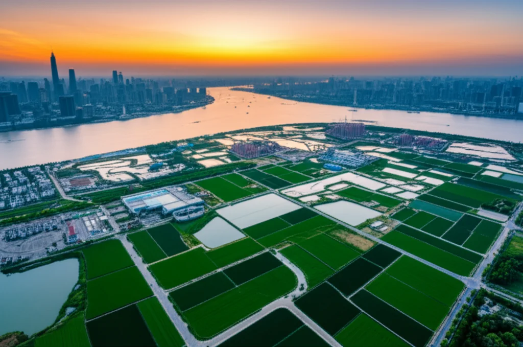 Fotografia panoramica del Delta del Fiume Yangtze al tramonto, con corsi d'acqua serpeggianti, skyline moderni in lontananza, campi agricoli verdi e infrastrutture energetiche integrate armoniosamente nel paesaggio. Obiettivo grandangolare 18mm, lunga esposizione per acqua liscia, messa a fuoco nitida, colori caldi del tramonto.